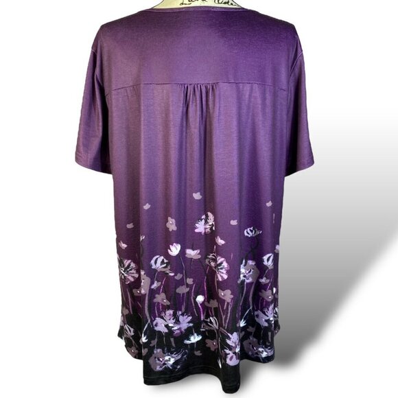 Bebonnie Blouse Womens Sz 3X Purple Floral Notch Neck Short Sleeve Pleated Tunic - Picture 3 of 10